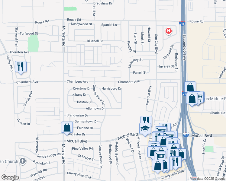 map of restaurants, bars, coffee shops, grocery stores, and more near 26401 Harrisburg Drive in Menifee
