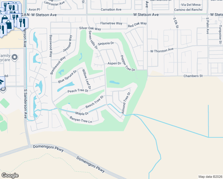 map of restaurants, bars, coffee shops, grocery stores, and more near 2124 Pecan Tree Street in Hemet