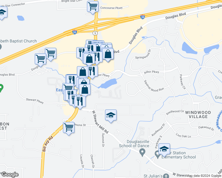 map of restaurants, bars, coffee shops, grocery stores, and more near 3000 Georgia 5 in Douglasville