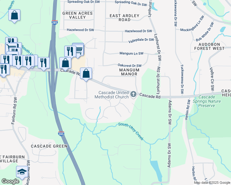 map of restaurants, bars, coffee shops, grocery stores, and more near 1302 Desoto Falls Court Southwest in Atlanta