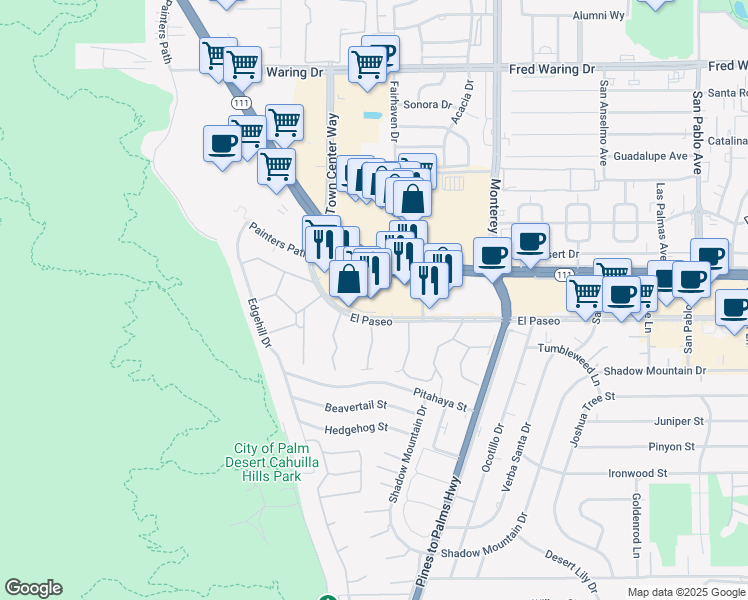 map of restaurants, bars, coffee shops, grocery stores, and more near 72675 California 111 in Palm Desert