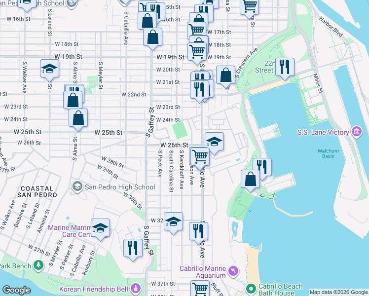 map of restaurants, bars, coffee shops, grocery stores, and more near 2604 South Kerckhoff Avenue in Los Angeles
