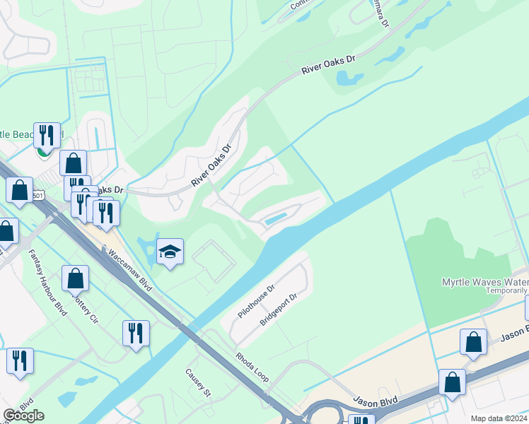map of restaurants, bars, coffee shops, grocery stores, and more near 611 Waterway Village Boulevard in Myrtle Beach
