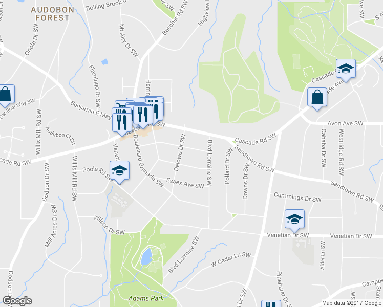 map of restaurants, bars, coffee shops, grocery stores, and more near 2166 Belvedere Avenue Southwest in Atlanta