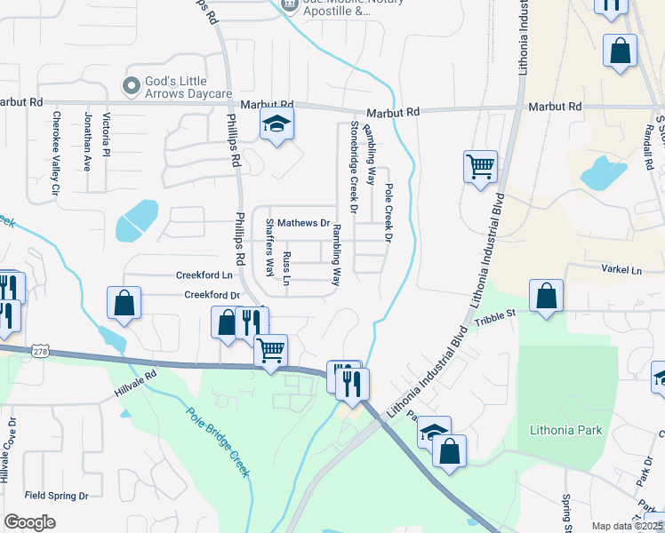 map of restaurants, bars, coffee shops, grocery stores, and more near 2562 Rambling Way in Lithonia