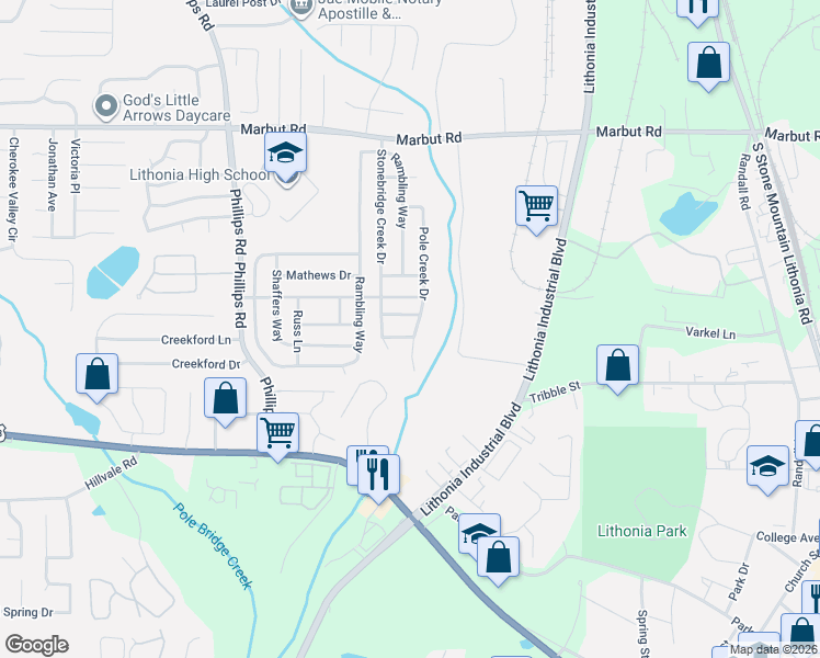 map of restaurants, bars, coffee shops, grocery stores, and more near 6712 Pole Creek Drive in Lithonia