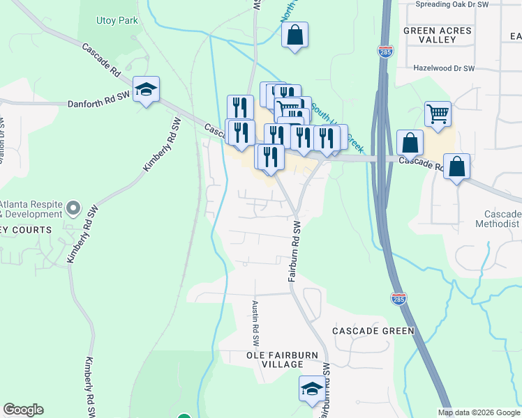 map of restaurants, bars, coffee shops, grocery stores, and more near 1225 Fairburn Road Southwest in Atlanta