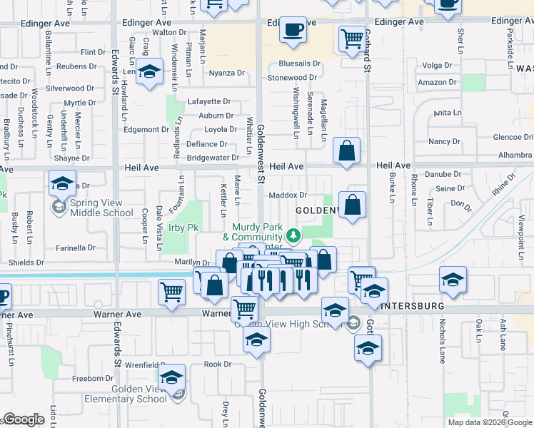 map of restaurants, bars, coffee shops, grocery stores, and more near 16692 Goldenwest Street in Huntington Beach