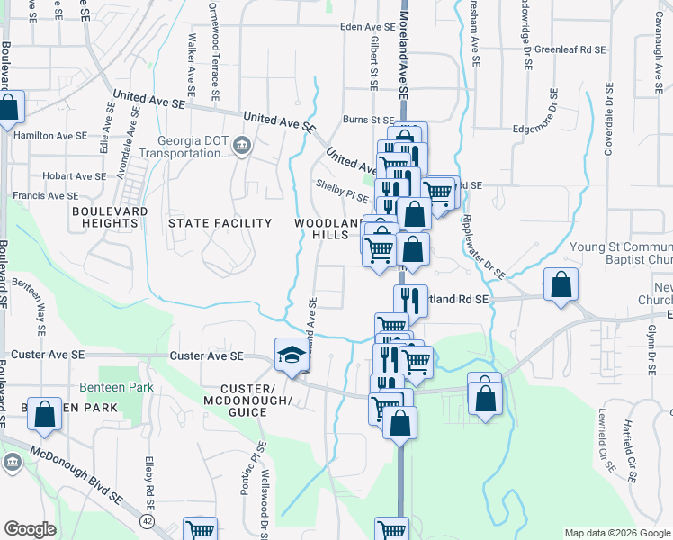 map of restaurants, bars, coffee shops, grocery stores, and more near 1109 Knott Street Southeast in Atlanta