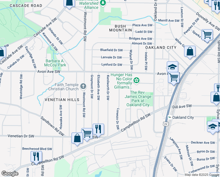 map of restaurants, bars, coffee shops, grocery stores, and more near 1268 Kenilworth Drive Southwest in Atlanta