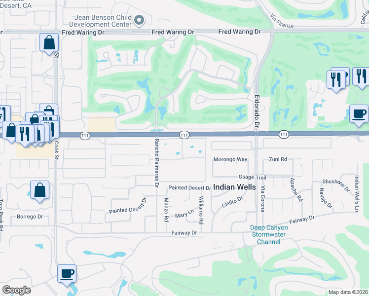 map of restaurants, bars, coffee shops, grocery stores, and more near 75632 Camino De Plata North in Indian Wells