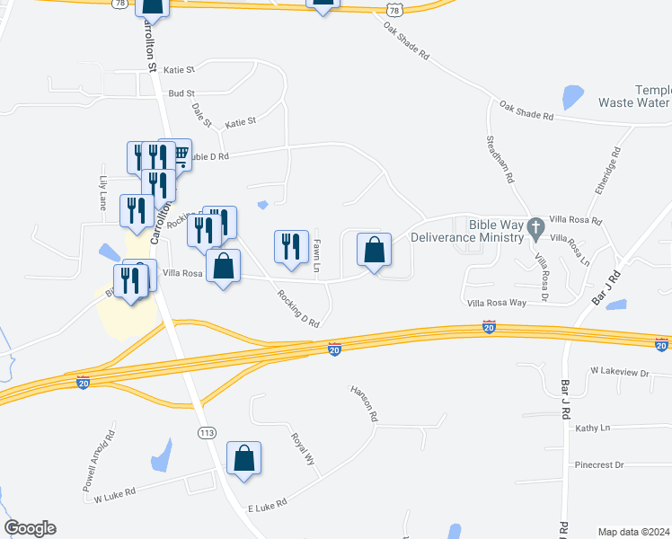 map of restaurants, bars, coffee shops, grocery stores, and more near 204 Hunt Club Circle in Temple