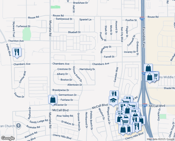 map of restaurants, bars, coffee shops, grocery stores, and more near 26391 Harrisburg Drive in Menifee