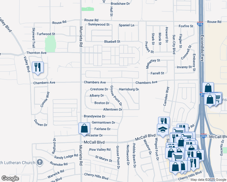 map of restaurants, bars, coffee shops, grocery stores, and more near 27550 Grosse Point Drive in Menifee