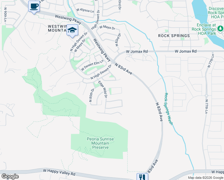 map of restaurants, bars, coffee shops, grocery stores, and more near 26076 North 83rd Lane in Peoria