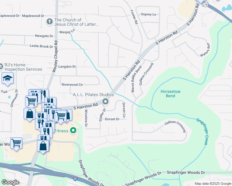 map of restaurants, bars, coffee shops, grocery stores, and more near 2360 South Hairston Road in Decatur