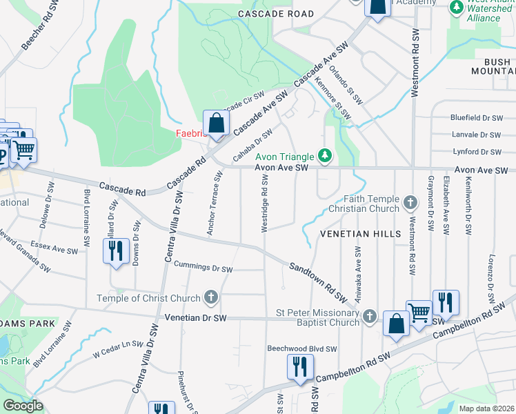 map of restaurants, bars, coffee shops, grocery stores, and more near 1291 Westridge Road Southwest in Atlanta