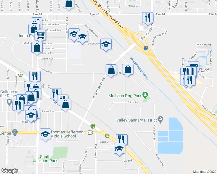 map of restaurants, bars, coffee shops, grocery stores, and more near 45130 Golf Center Parkway in Indio