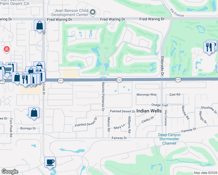 map of restaurants, bars, coffee shops, grocery stores, and more near 75592 Camino De Plata North in Indian Wells