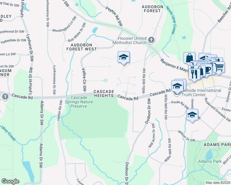 map of restaurants, bars, coffee shops, grocery stores, and more near 1264 Spring Creek Southwest in Atlanta