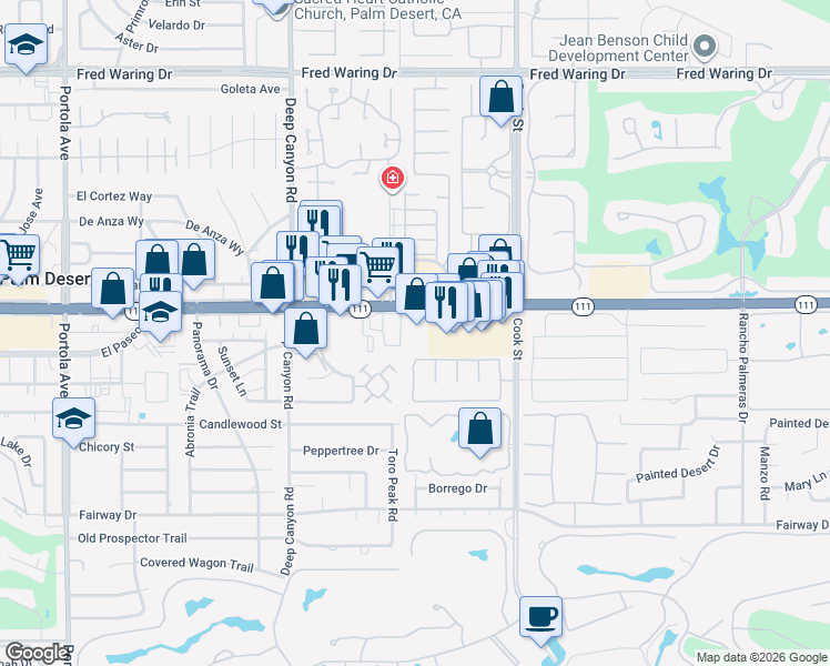 map of restaurants, bars, coffee shops, grocery stores, and more near 74785 California 111 in Indian Wells