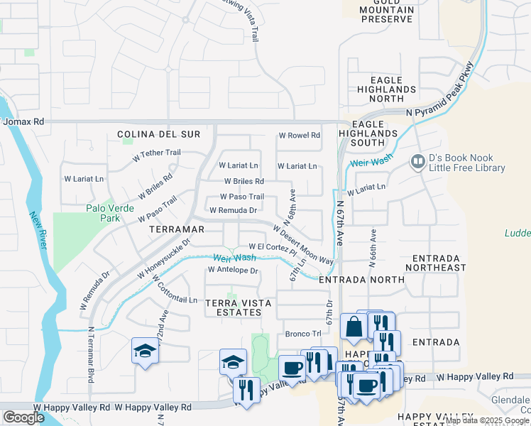 map of restaurants, bars, coffee shops, grocery stores, and more near 26047 North 68th Lane in Peoria