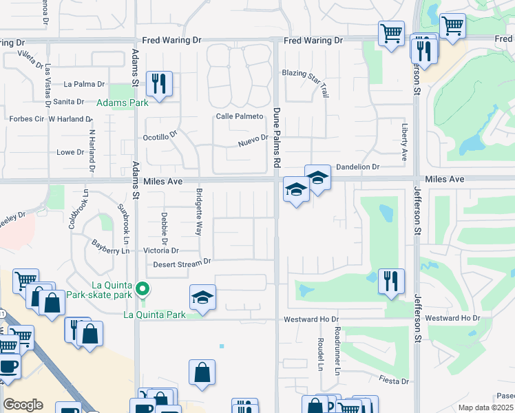 map of restaurants, bars, coffee shops, grocery stores, and more near 45150 Desert Fox Drive in La Quinta
