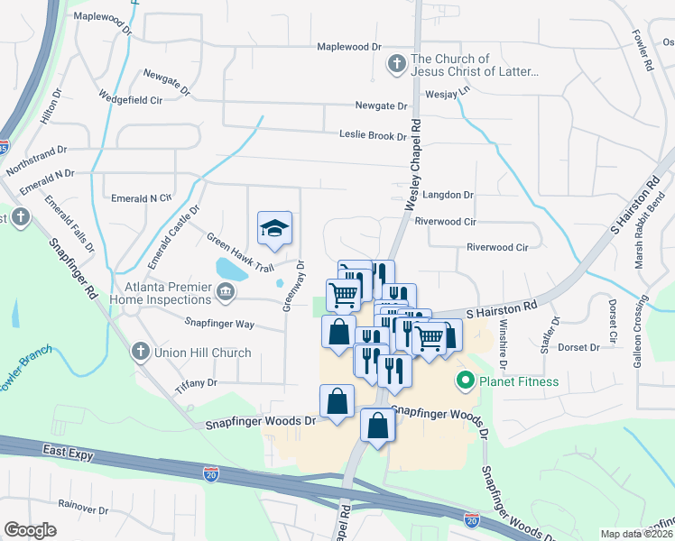 map of restaurants, bars, coffee shops, grocery stores, and more near 4211 Wingfoot Court in Decatur