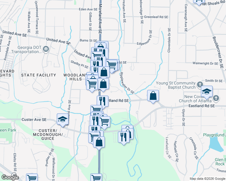 map of restaurants, bars, coffee shops, grocery stores, and more near 1408 Village Creek Circle in Atlanta