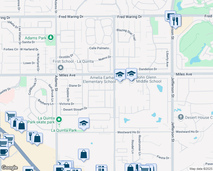 map of restaurants, bars, coffee shops, grocery stores, and more near 45150 Desert Fox Drive in La Quinta