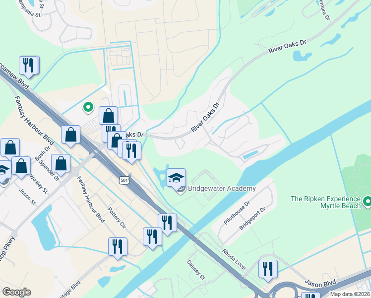 map of restaurants, bars, coffee shops, grocery stores, and more near 492 River Oaks Drive in Myrtle Beach