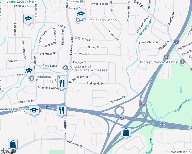 map of restaurants, bars, coffee shops, grocery stores, and more near 3478 Springside Drive in Decatur