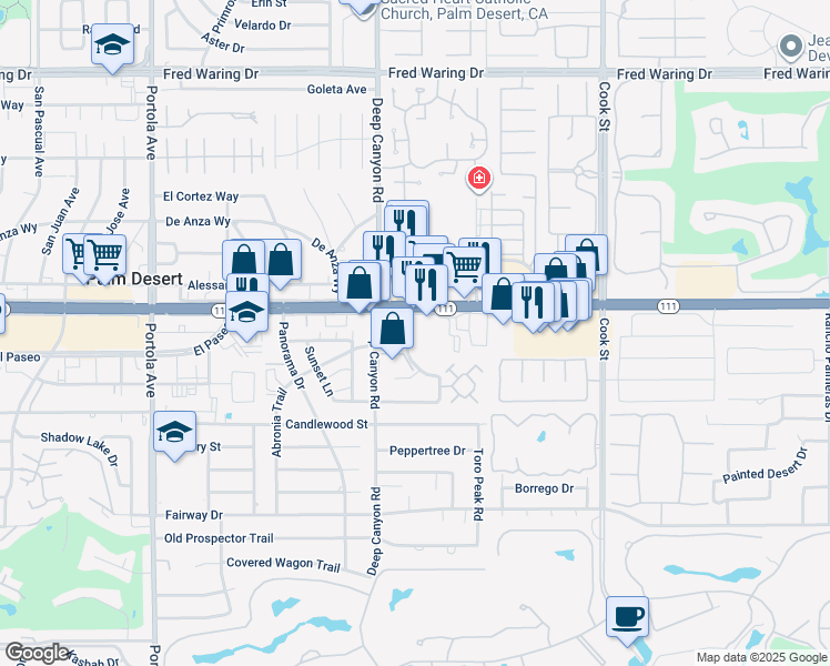 map of restaurants, bars, coffee shops, grocery stores, and more near 74672 Shadow Hills Road in Palm Desert