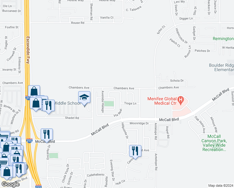 map of restaurants, bars, coffee shops, grocery stores, and more near 27709 Camino Donaire in Menifee