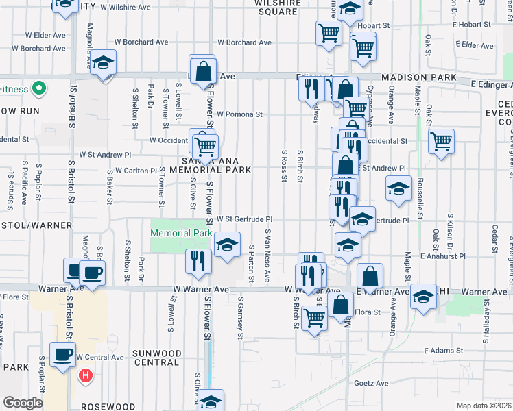 map of restaurants, bars, coffee shops, grocery stores, and more near 2070 South Van Ness Avenue in Santa Ana