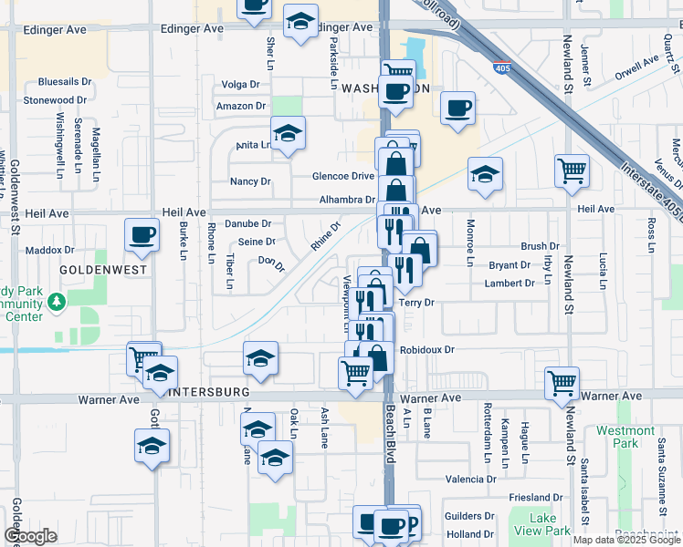 map of restaurants, bars, coffee shops, grocery stores, and more near in Huntington Beach