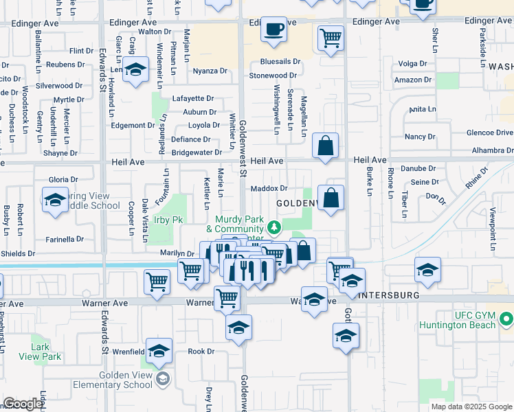 map of restaurants, bars, coffee shops, grocery stores, and more near 16692 Goldenwest Street in Huntington Beach