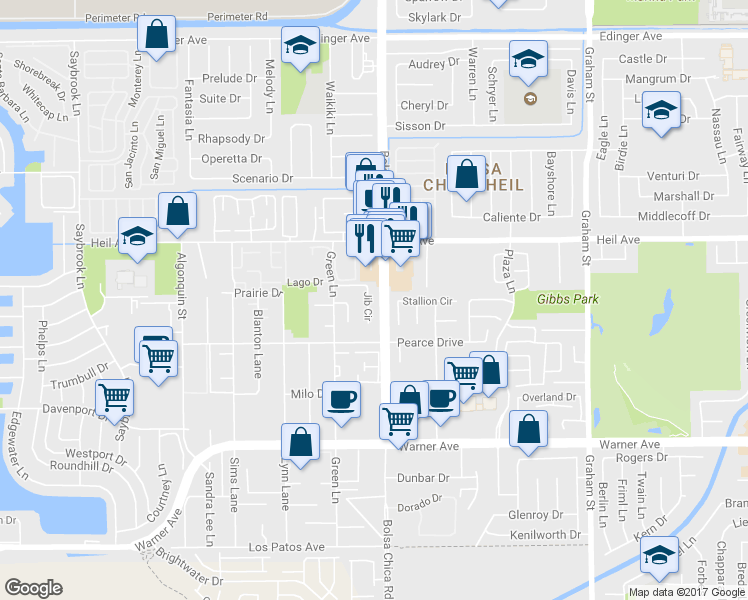 map of restaurants, bars, coffee shops, grocery stores, and more near 16621 Jib Circle in Huntington Beach