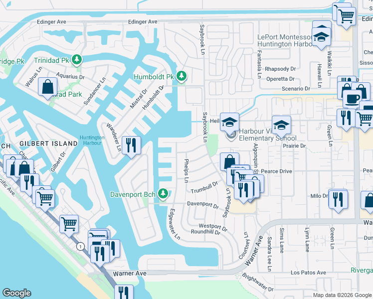 map of restaurants, bars, coffee shops, grocery stores, and more near 4152 Branford Drive in Huntington Beach