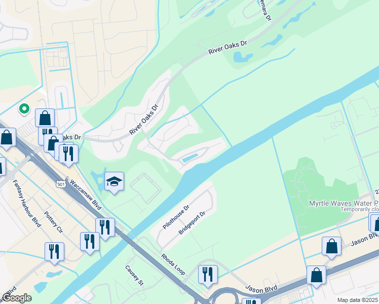 map of restaurants, bars, coffee shops, grocery stores, and more near 616 Waterway Village Boulevard in Myrtle Beach