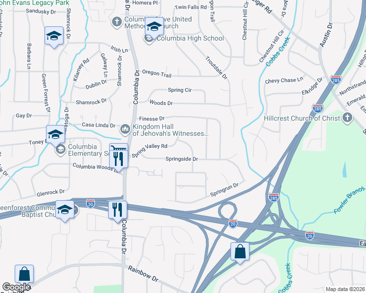 map of restaurants, bars, coffee shops, grocery stores, and more near 3478 Springside Drive in Decatur