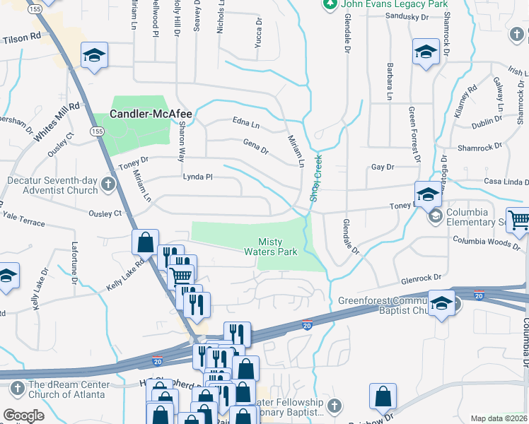 map of restaurants, bars, coffee shops, grocery stores, and more near 2586 Miriam Lane in Decatur