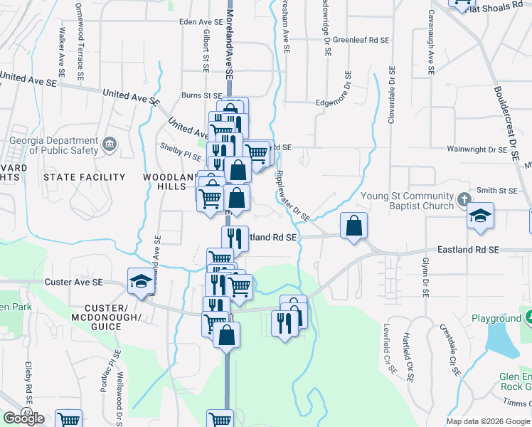 map of restaurants, bars, coffee shops, grocery stores, and more near 2571 Village Creek Landing Southeast in Atlanta