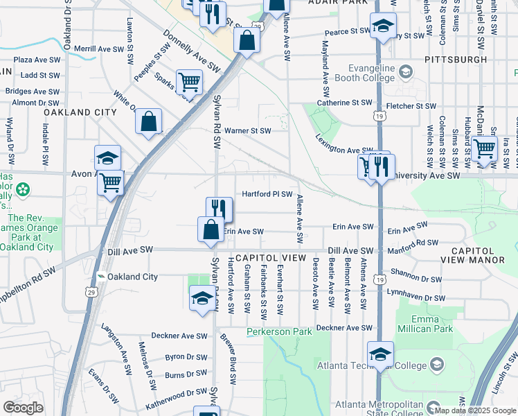 map of restaurants, bars, coffee shops, grocery stores, and more near 839 Beechwood Avenue Southwest in Atlanta