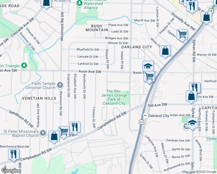 map of restaurants, bars, coffee shops, grocery stores, and more near 1264 Epworth Street Southwest in Atlanta