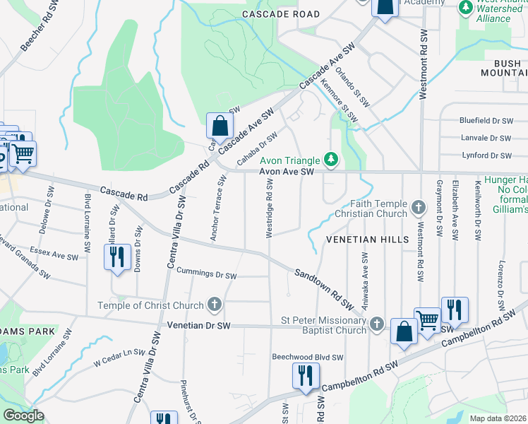 map of restaurants, bars, coffee shops, grocery stores, and more near 1291 Westridge Road Southwest in Atlanta