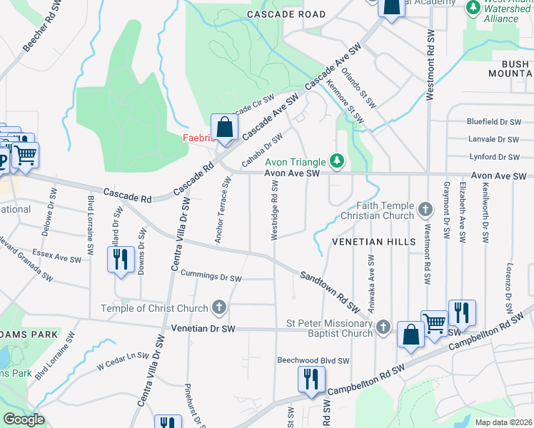 map of restaurants, bars, coffee shops, grocery stores, and more near 1291 Westridge Road Southwest in Atlanta