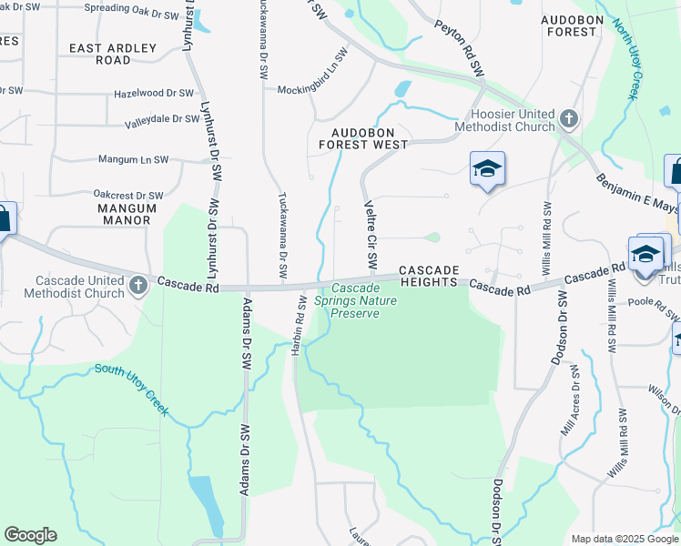 map of restaurants, bars, coffee shops, grocery stores, and more near 2845 Cascade Road in Atlanta