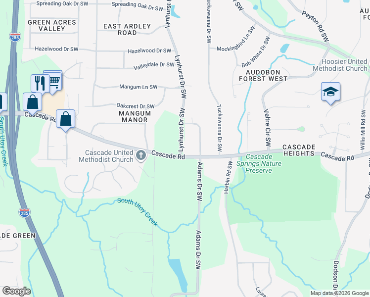 map of restaurants, bars, coffee shops, grocery stores, and more near 1284 Lynhurst Drive Southwest in Atlanta
