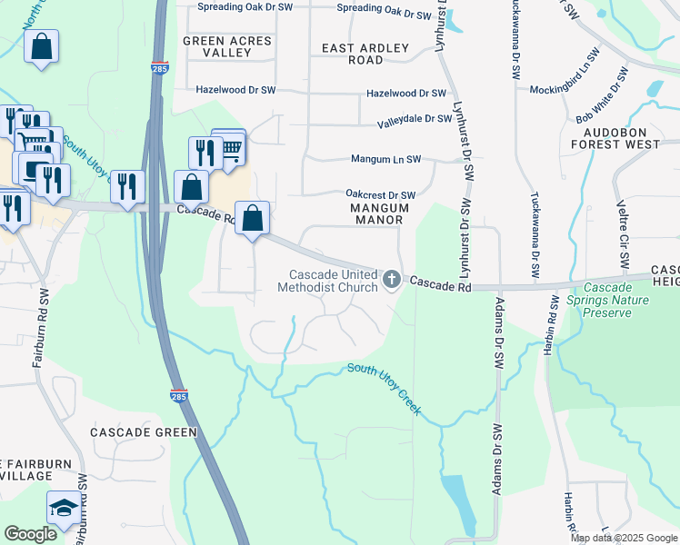 map of restaurants, bars, coffee shops, grocery stores, and more near 1302 Desoto Falls Court Southwest in Atlanta